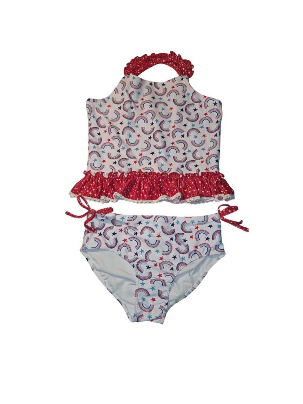 Cheeky Plum Girls  14 2-Piece Swimsuit Red White & Blue Rainbow Stars Ruffle Tan
